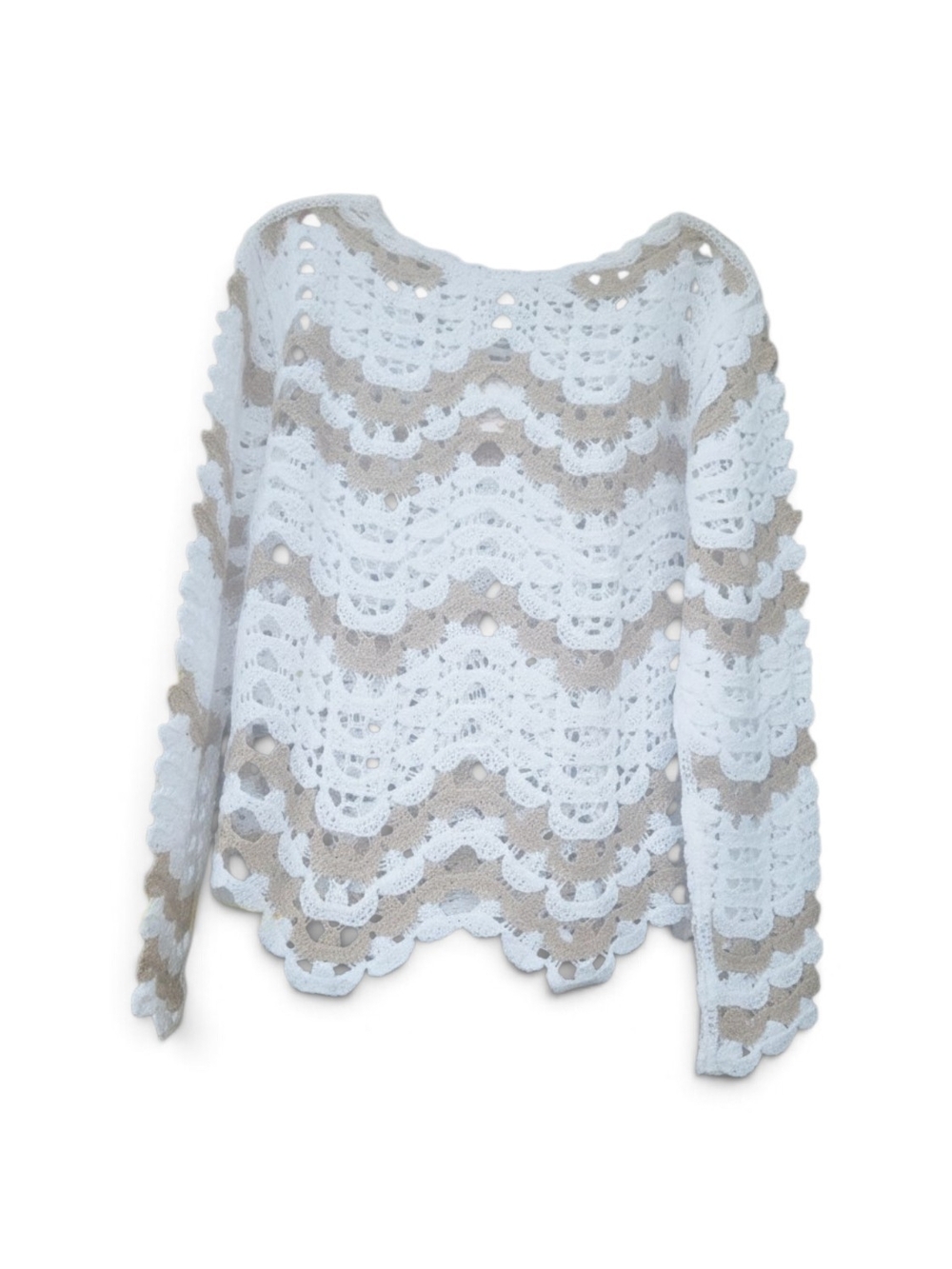 Dream Kiss White & Beige Open Knit Sweater Scalloped Crochet Stripe Size S